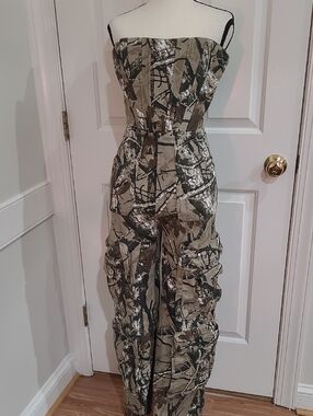 Fashion Nova Strapless Camo Utility Jumpsuit in Green/Brown